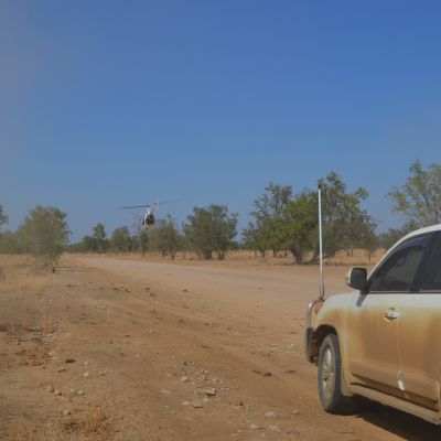 Helicopter taking off in remote northern Australia