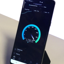 Samsung 5G mobile phone running speedtest on Telstra network